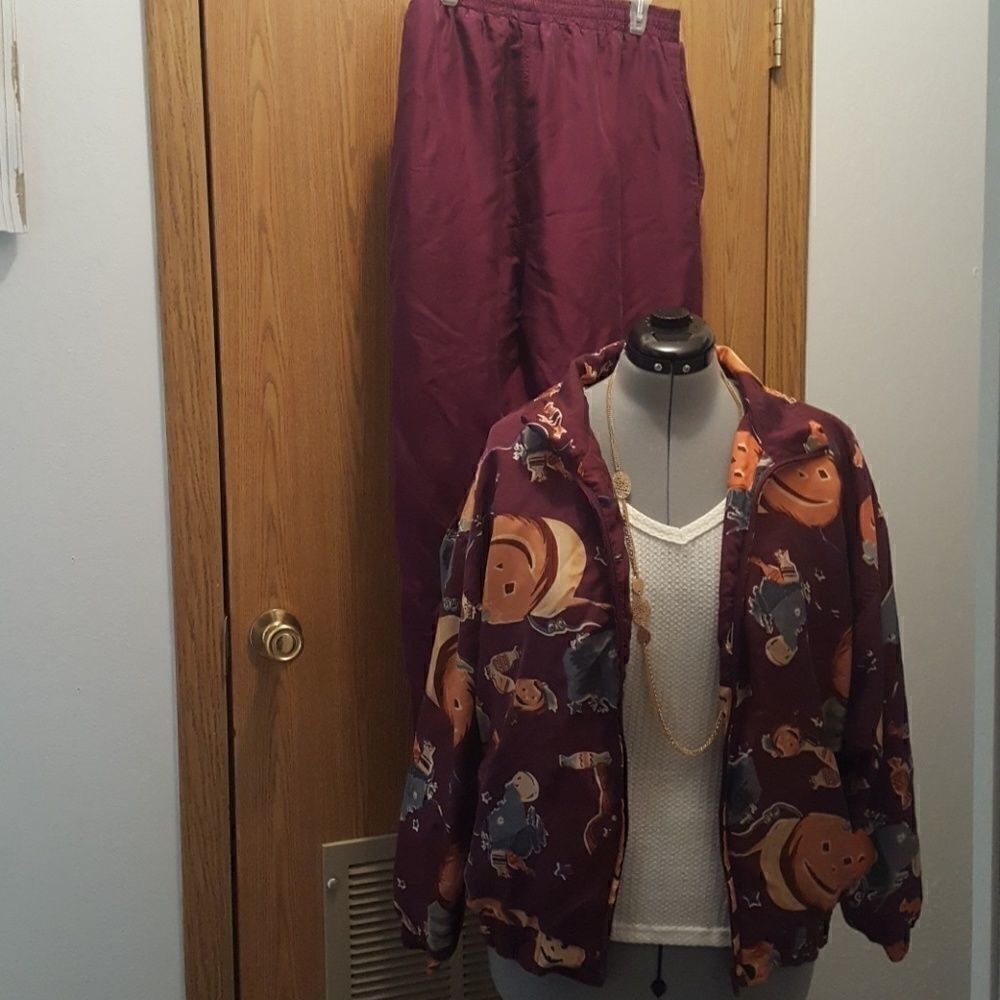 Rhoda Lynne Ladies 90s Silk Halloween Theme 2 piece outfit Track Suit , sz Larg